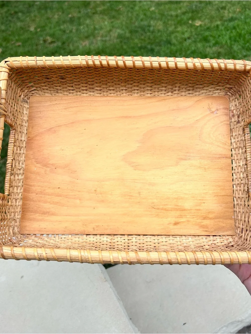 Woven Wicker Tray with Wood Base and Handles